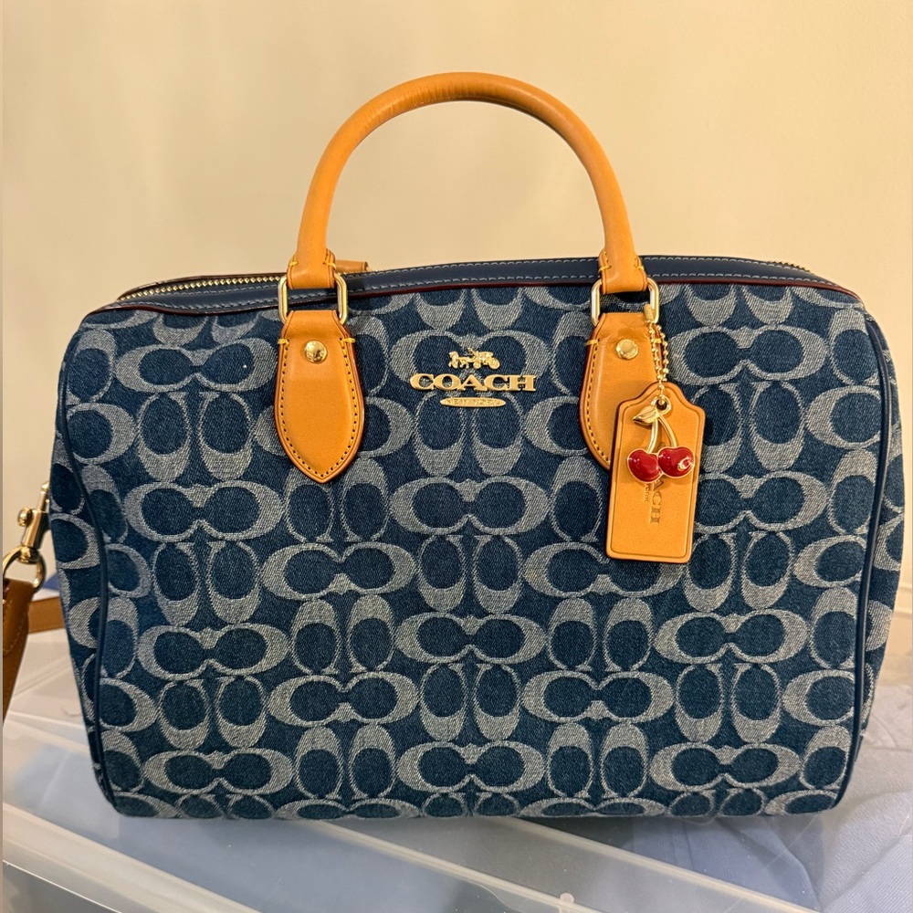 NWT authentic Coach Denim Blue and Tan Signature cherry Bag